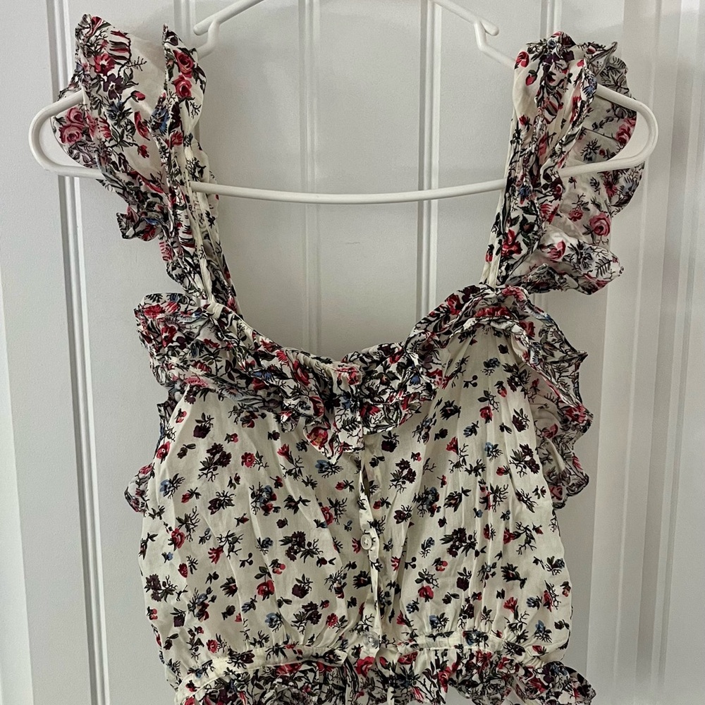 LoveShackFancy Cream Floral Ruffle Blouse
